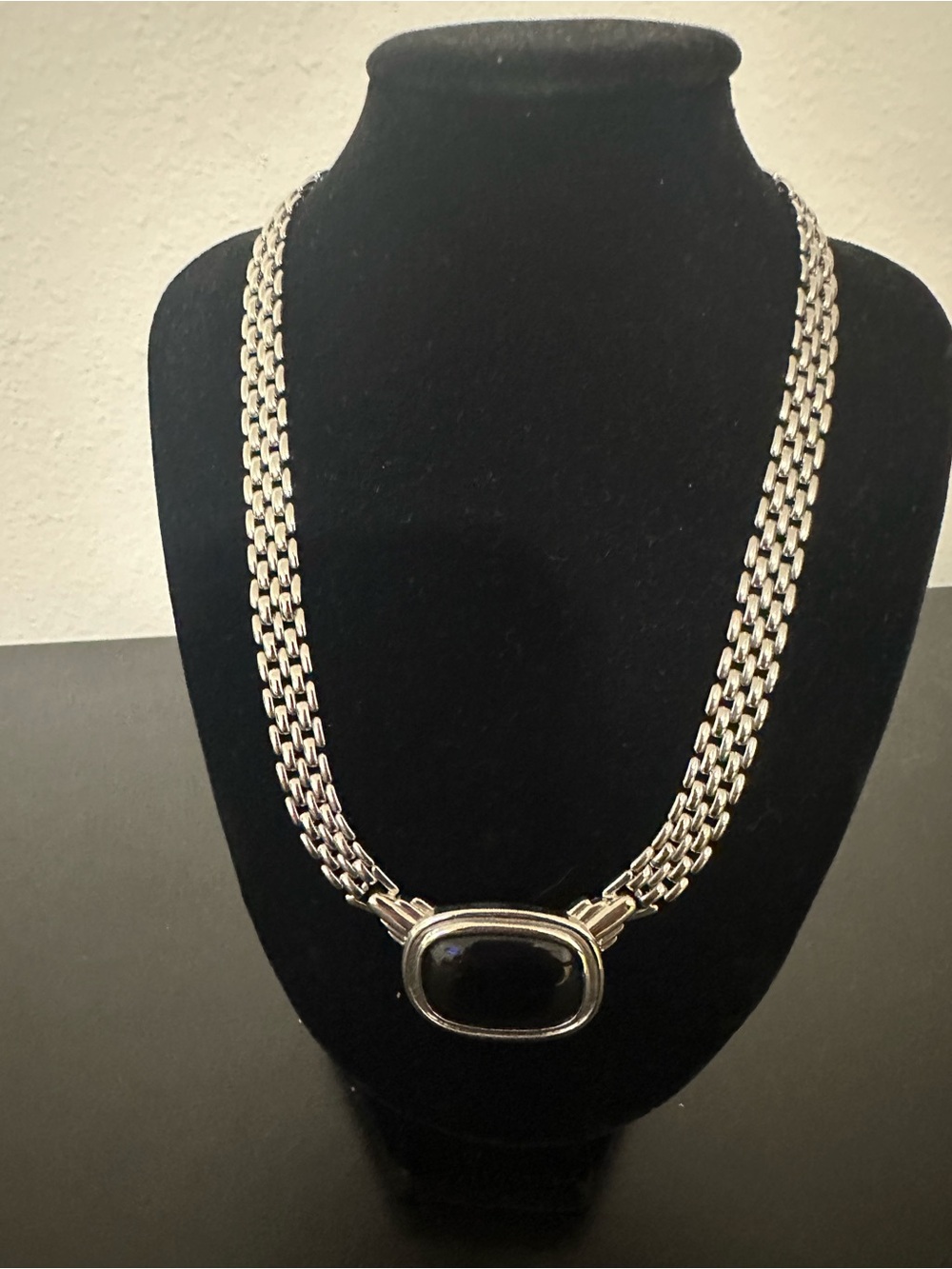 Silver Chain Necklace with Black Stone Pendant - Women Jewelry